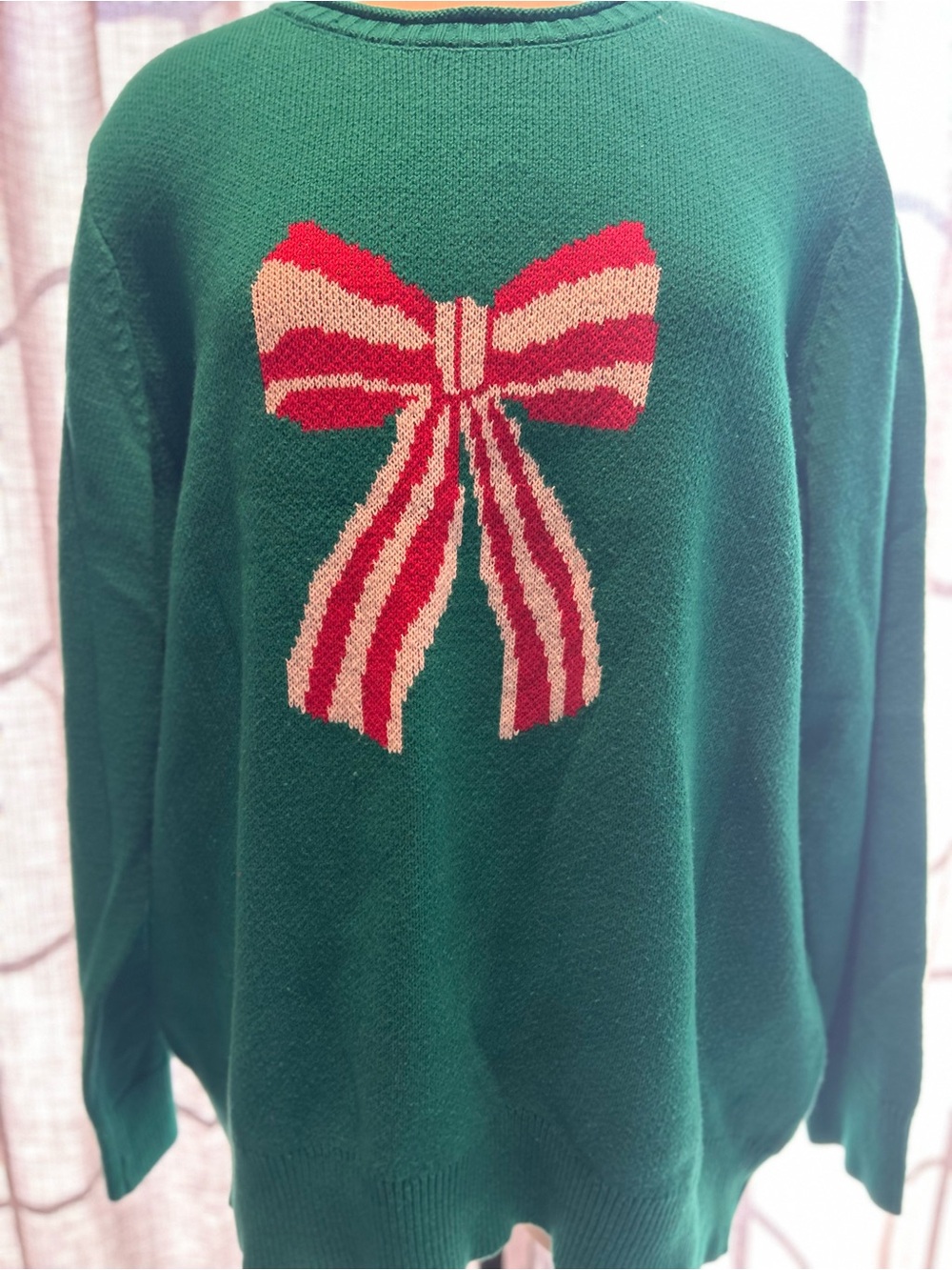 Kim Rogers Green Crewneck Sweater with Red and White Bow